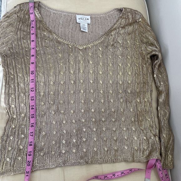 Oscar De La Renta Tan Cable Knit Sweater Pullover Metallic Gold M - Picture 7 of 7